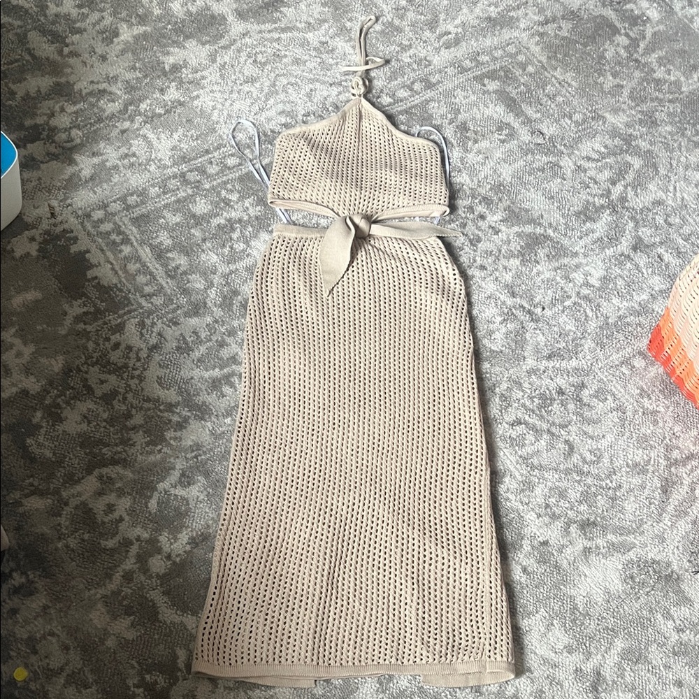Lulu's Beige Crochet Halter Maxi Dress with Tie Waist